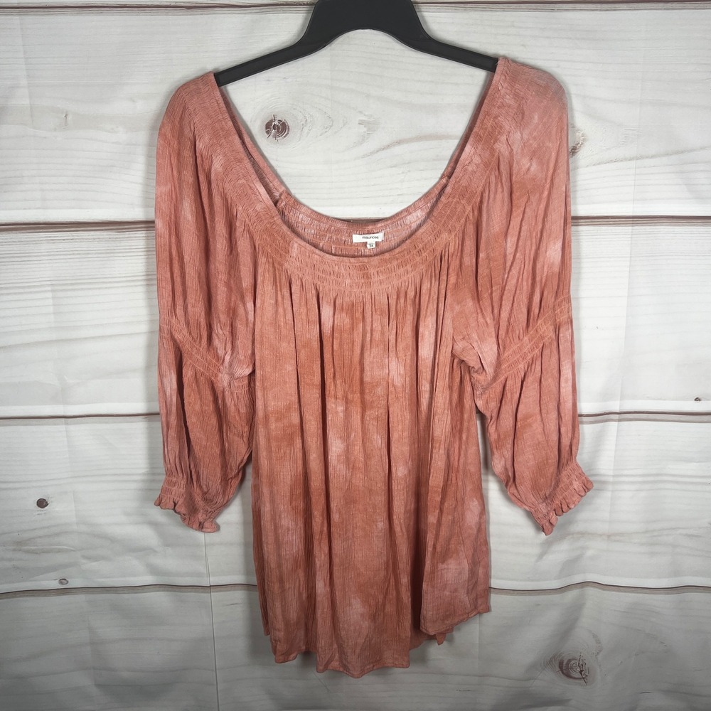 Maurices Peasant Blouse Women 3X Pink Acid Wash Smocked Scoop Neck Rayon Top